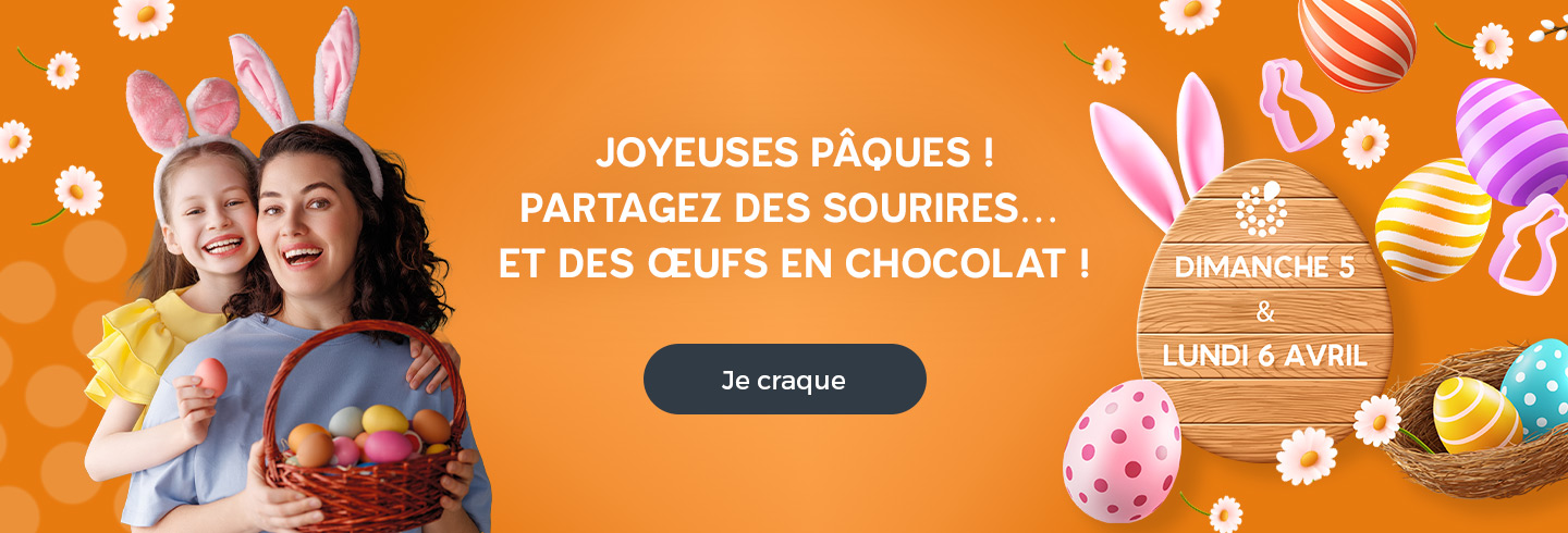 Bannière de Pâques avec une mère et sa fille portant des oreilles de lapin et tenant un panier rempli d’œufs colorés. Fond orange décoré d’œufs de Pâques et de fleurs, avec le texte : « Joyeuses Pâques ! Partagez des sourires… et des œufs en chocolat ! Dimanche 5 & Lundi 6 avril » et un bouton « Je craque ».