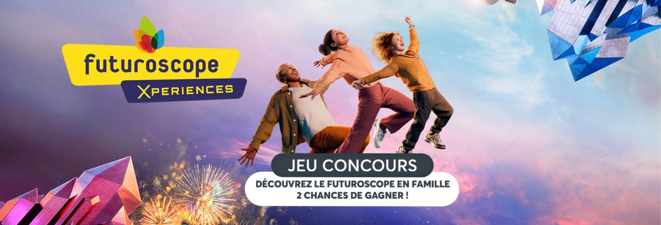 Jeu concours Futuroscope Xperiences : découvrez le Futuroscope en famille, avec 2 chances de gagner. Visuel coloré montrant trois personnes en mouvement dans l’univers futuriste du parc