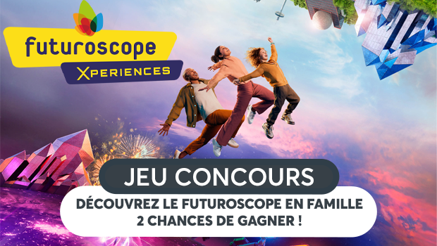 Jeu concours Futuroscope Xperiences : découvrez le Futuroscope en famille, avec 2 chances de gagner. Visuel coloré montrant trois personnes en mouvement dans l’univers futuriste du parc